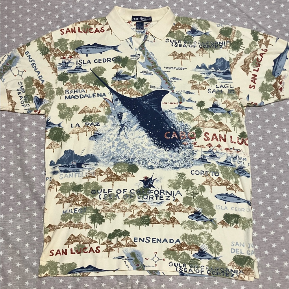 Vintage Nautica Polo Shirt Men’s XL Multicolor AOP Far Isle OG 90’s Sailboat